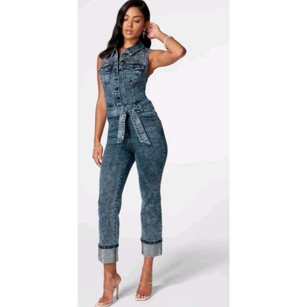 bebe Dark Wash Denim Sleeveless Jumpsuit